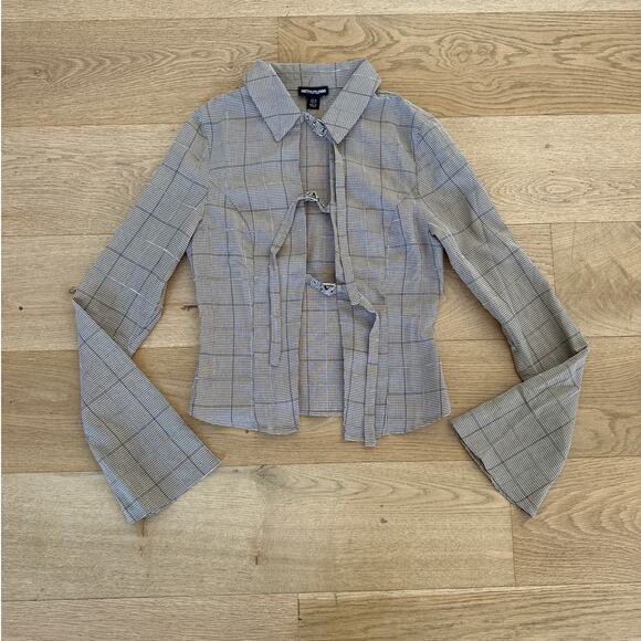 Pretty Little Thing - Plaid Tie Front Flare Sleeve Top in Beige - Picture 1 of 3